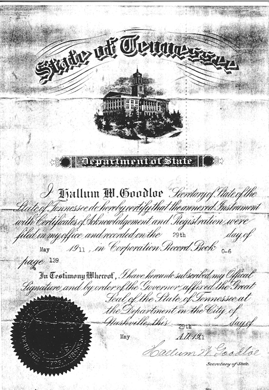Charter of Incorporation of the Centennial Club, from 1911