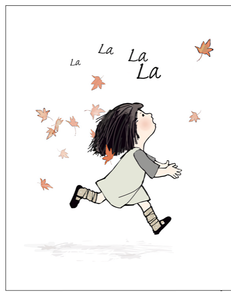 Ilustration of protagonist from "La La La" puppet show. She is a young girl with dark hair. She is depicted running, in profile, facing right. 