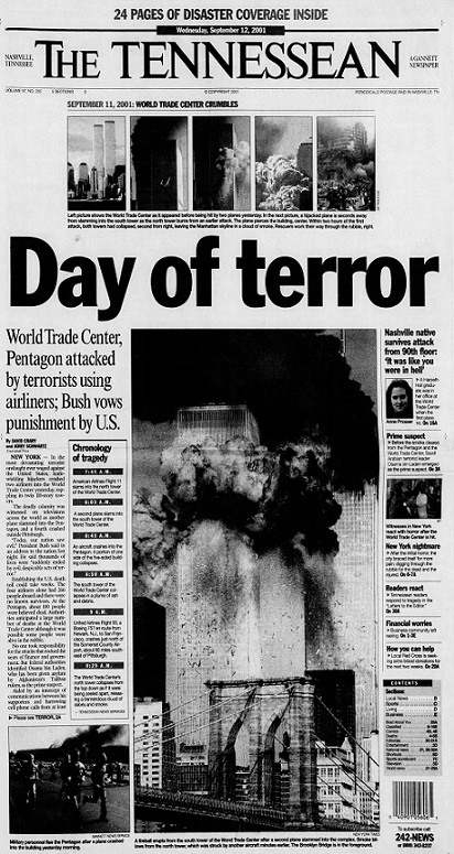 Tennessean front page from September 12th, 2001