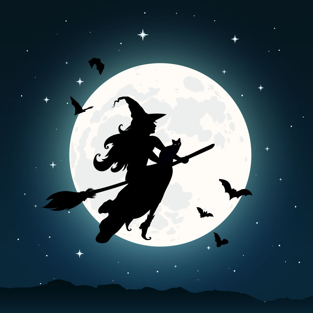 witch and cat on a broomstick under a full moon