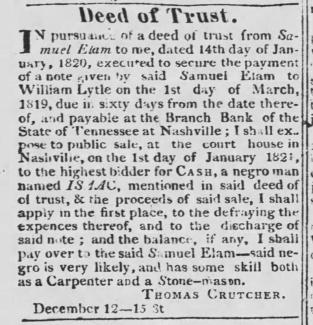 The Clarion and Tennessee State Gazette clipping from December 1820