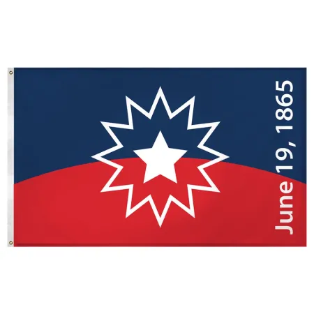 Juneteenth Flag: red arced band on bottom, blue arced band on top, with white five point star in middle, laid within a multipointed burst. The date June 19, 1865, is written alongside the right hand side of flag. 